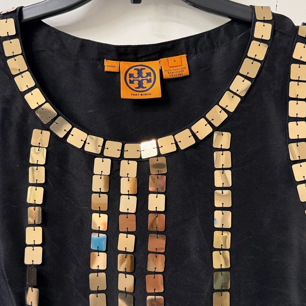 Tory Burch Sleeveless Black Silk Blouse Gold Paillettes 8 Festive Nite Out Party
